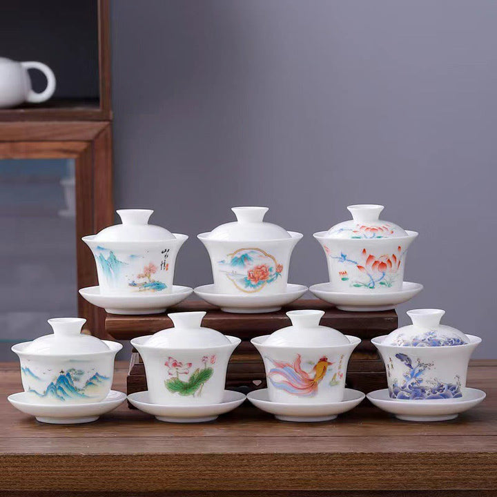 Buddha Stones Biała Porcelana Górski Krajobraz Wiejski Ceramiczny Gaiwan Filiżanka Kung Fu Filiżanka Do Herbaty I Spodek Z Pokrywką