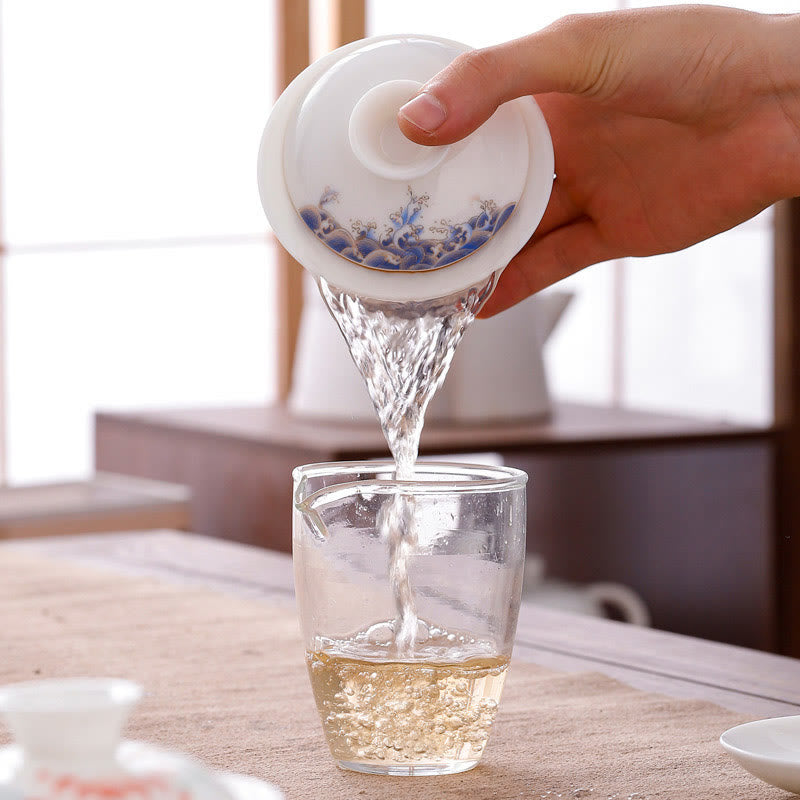 Buddha Stones Biała Porcelana Górski Krajobraz Wiejski Ceramiczny Gaiwan Filiżanka Kung Fu Filiżanka Do Herbaty I Spodek Z Pokrywką