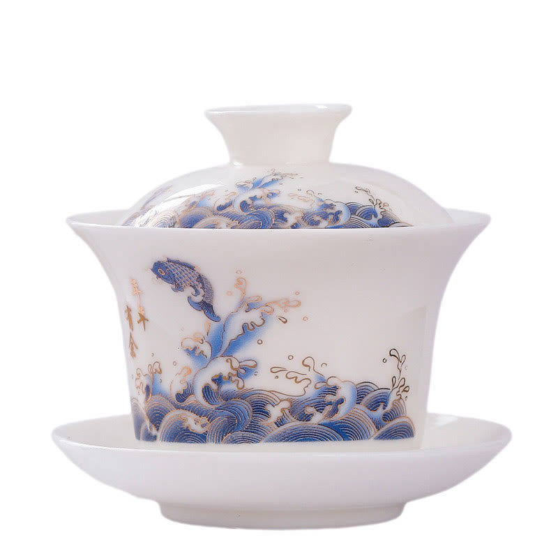 Buddha Stones Biała Porcelana Górski Krajobraz Wiejski Ceramiczny Gaiwan Filiżanka Kung Fu Filiżanka Do Herbaty I Spodek Z Pokrywką
