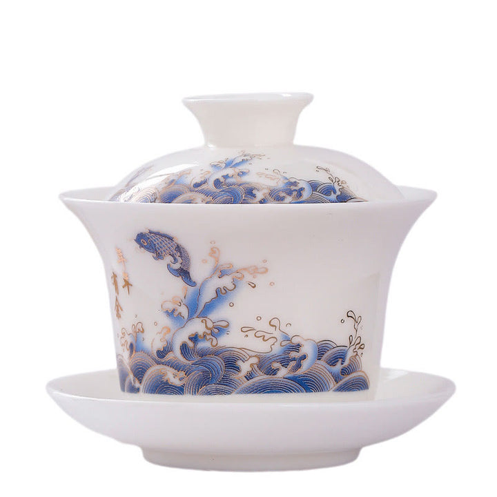 Buddha Stones Biała Porcelana Górski Krajobraz Wiejski Ceramiczny Gaiwan Filiżanka Kung Fu Filiżanka Do Herbaty I Spodek Z Pokrywką