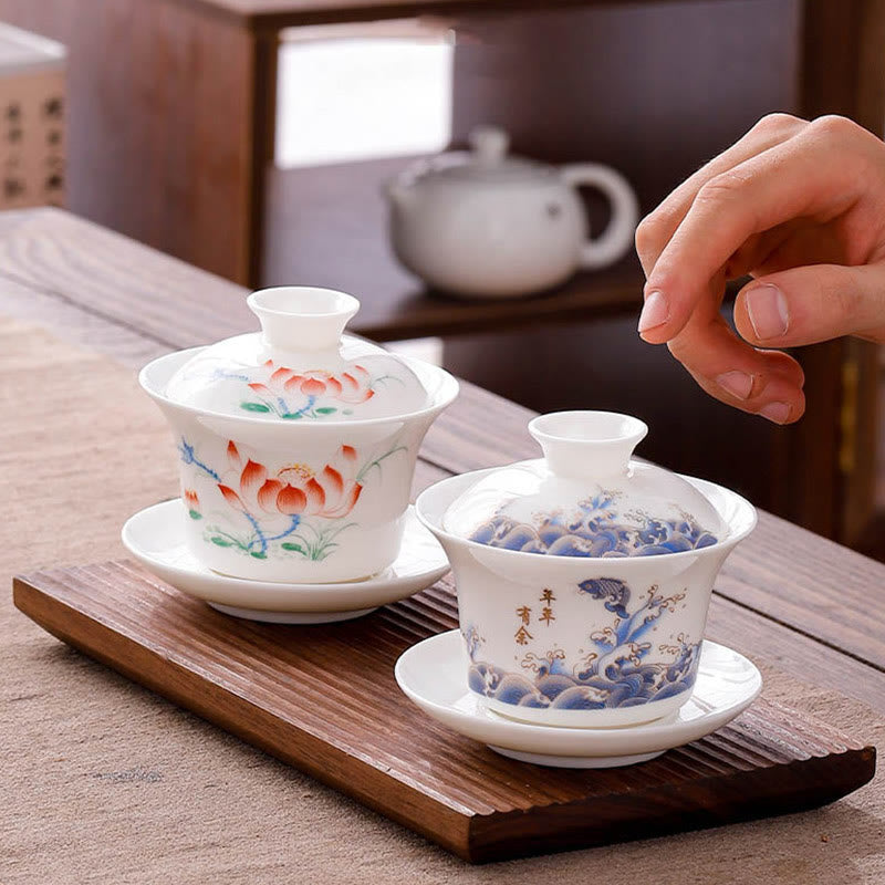 Buddha Stones Biała Porcelana Górski Krajobraz Wiejski Ceramiczny Gaiwan Filiżanka Kung Fu Filiżanka Do Herbaty I Spodek Z Pokrywką