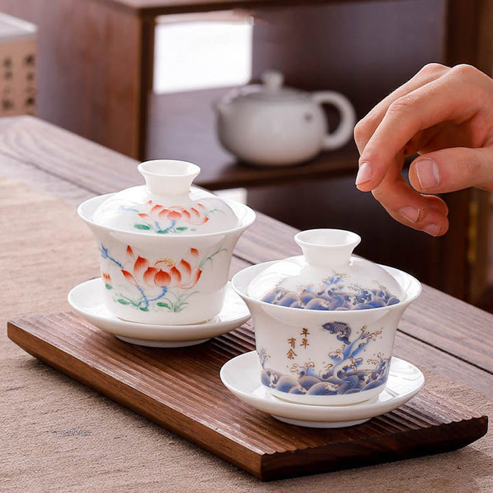 Buddha Stones Biała Porcelana Górski Krajobraz Wiejski Ceramiczny Gaiwan Filiżanka Kung Fu Filiżanka Do Herbaty I Spodek Z Pokrywką