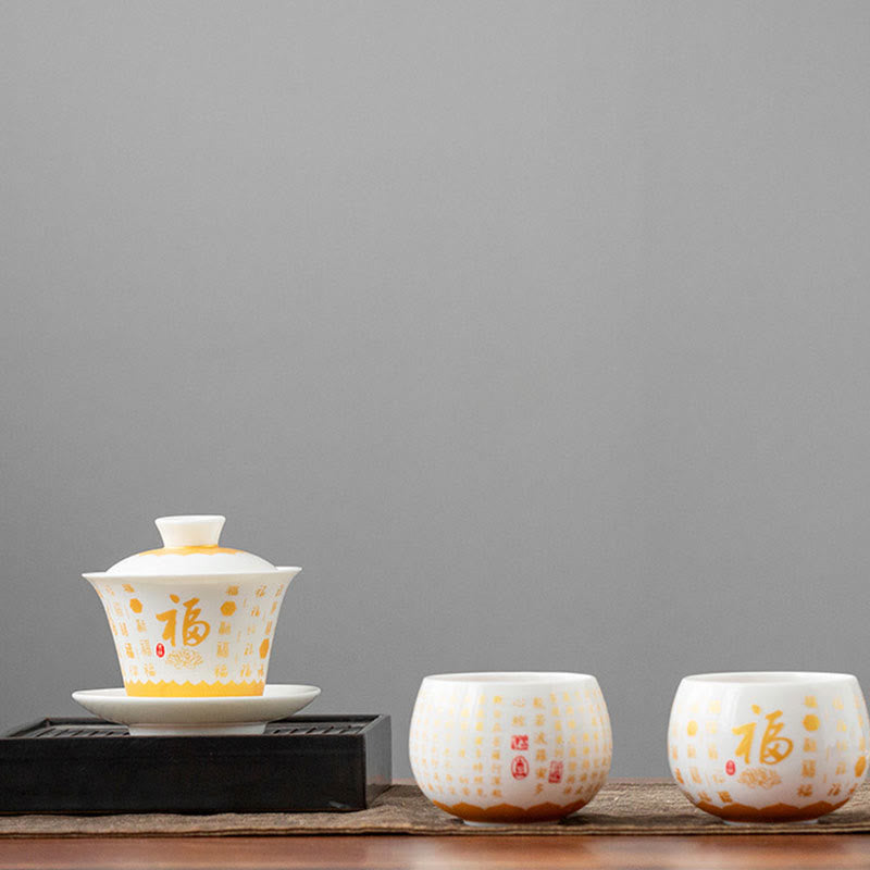 Buddha Stones Sutra Serca Buddyjskie Małe Fu Charakter Ceramiczny Gaiwan Filiżanka Kung Fu Filiżanka I Spodek Z Pokrywką