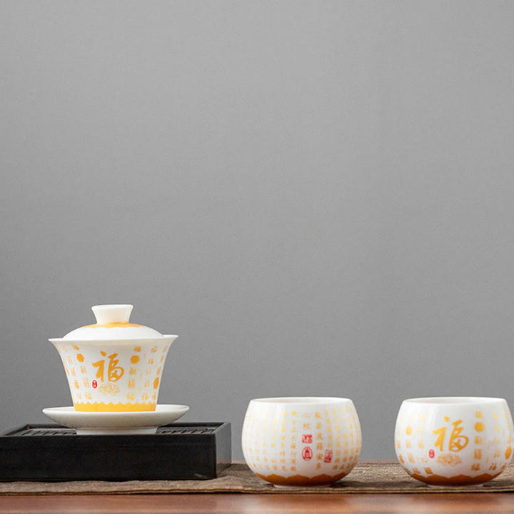 Buddha Stones Sutra Serca Buddyjskie Małe Fu Charakter Ceramiczny Gaiwan Filiżanka Kung Fu Filiżanka I Spodek Z Pokrywką