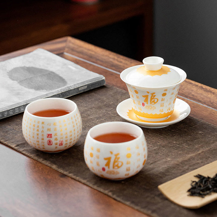 Buddha Stones Sutra Serca Buddyjskie Małe Fu Charakter Ceramiczny Gaiwan Filiżanka Kung Fu Filiżanka I Spodek Z Pokrywką