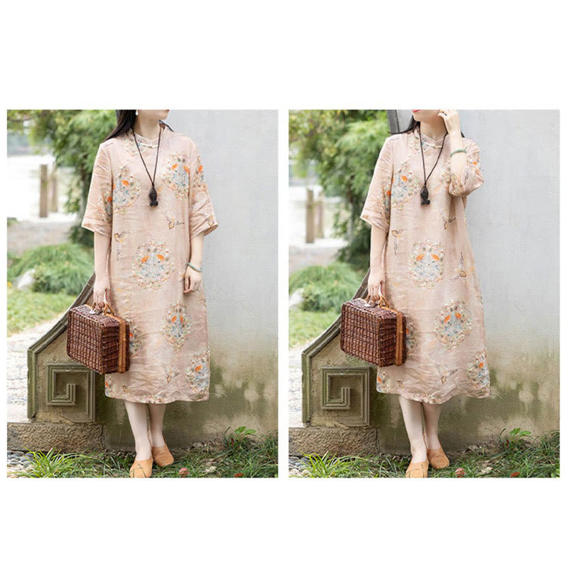 Buddha Stones Pomarańczowy Kwiat Ptak Nadruk Cheongsam Midi Sukienka Bawełniana Lniana Sukienka Z Pół Rękawem Z Kieszeniami - image 4