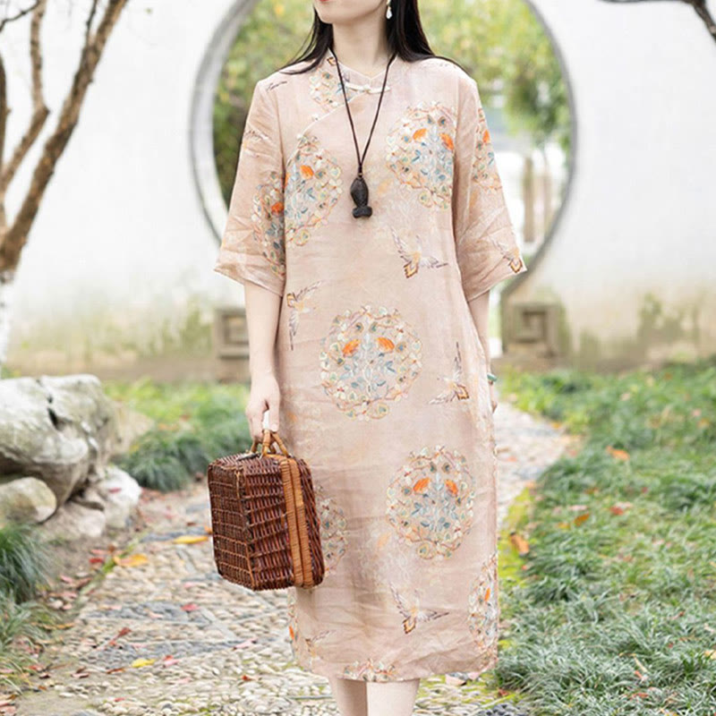 Buddha Stones Pomarańczowy Kwiat Ptak Nadruk Cheongsam Midi Sukienka Bawełniana Lniana Sukienka Z Pół Rękawem Z Kieszeniami - 2XL(biust 112 cm/ramiona 42 cm/długość 114 cm) - image 0