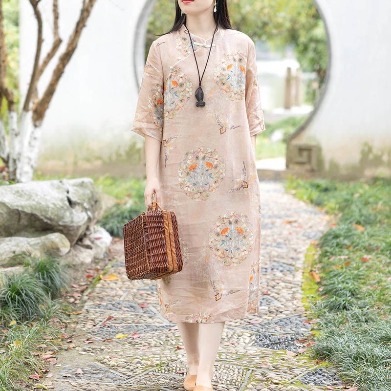 Buddha Stones Pomarańczowy Kwiat Ptak Nadruk Cheongsam Midi Sukienka Bawełniana Lniana Sukienka Z Pół Rękawem Z Kieszeniami - image 1