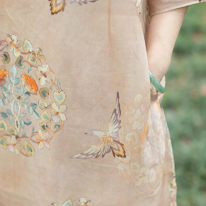 Buddha Stones Pomarańczowy Kwiat Ptak Nadruk Cheongsam Midi Sukienka Bawełniana Lniana Sukienka Z Pół Rękawem Z Kieszeniami - image 3