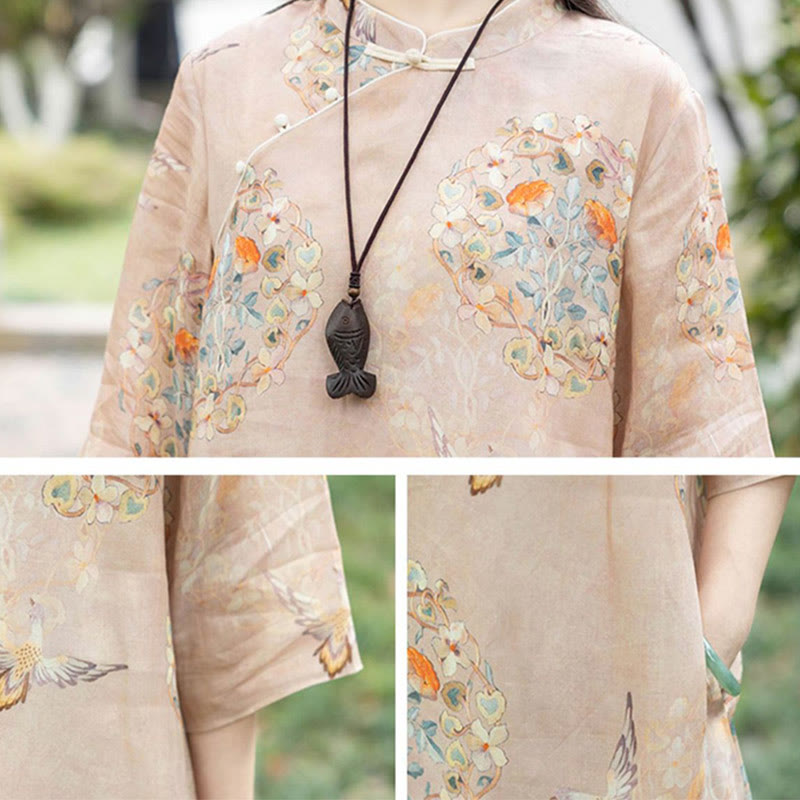 Buddha Stones Pomarańczowy Kwiat Ptak Nadruk Cheongsam Midi Sukienka Bawełniana Lniana Sukienka Z Pół Rękawem Z Kieszeniami - image 2