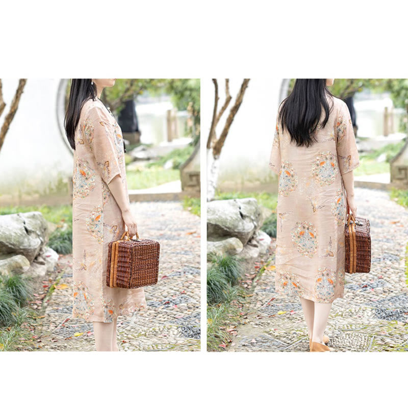 Buddha Stones Pomarańczowy Kwiat Ptak Nadruk Cheongsam Midi Sukienka Bawełniana Lniana Sukienka Z Pół Rękawem Z Kieszeniami - image 5