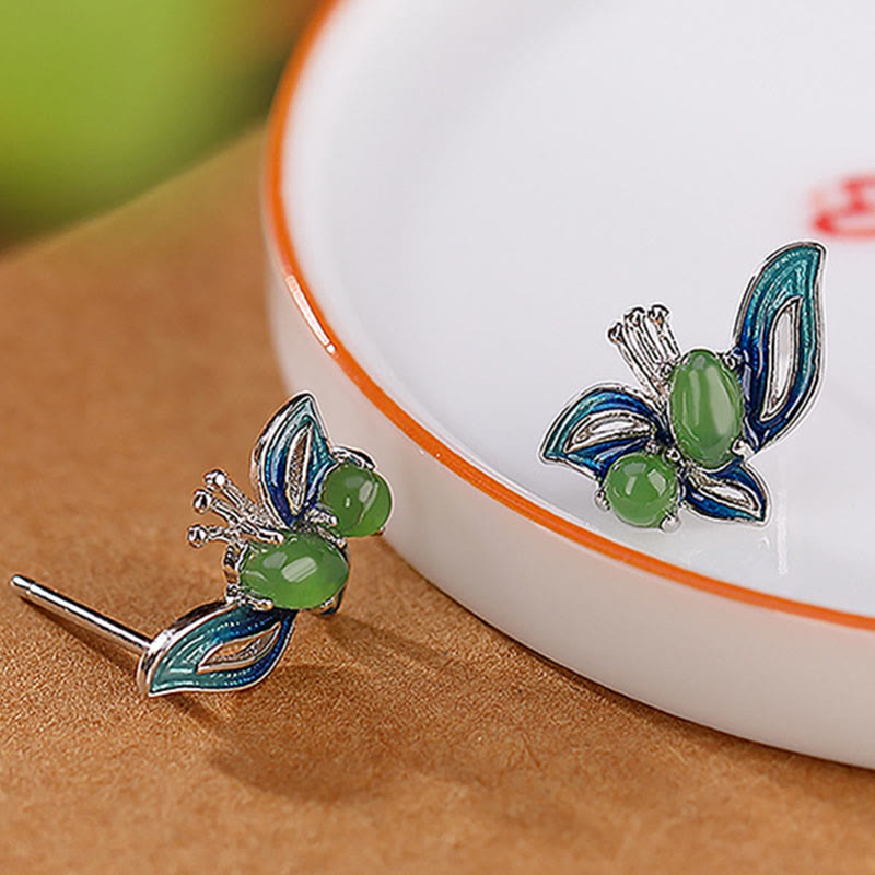 Buddha Stones 925 Srebro Sterlingowe Pozłacane Naturalny Cyjan Jade Motyl Uzdrawiające Szczęście Kolczyki