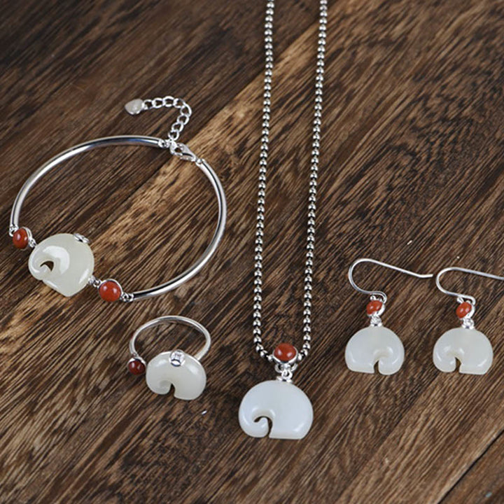 Buddha Stones 925 Srebro Sterling Słoń Hetian Jade Obfitość Naszyjnik Wisiorek Bransoletka Pierścień Kolczyki Zestaw