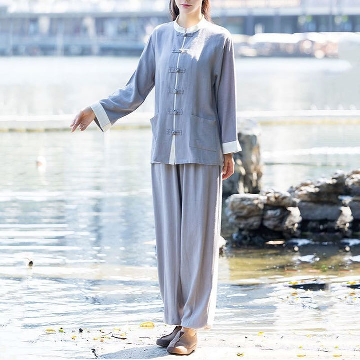 Buddha Stones 2 szt. Żaba-guzik Długi rękaw Koszula Top Spodnie Medytacja Zen Tai Chi Bawełna Lniana Odzież Damska Zestaw - Szary (top i spodnie) - US8-10，UK/AU12-14，EU40-42 (2XL) - image 5