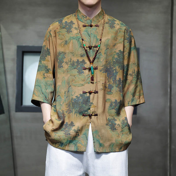 Buddha Stones Krajobraz Chiński Smok Wzór Chiński Trzy Czwarte Rękaw Koszula Męska T-shirt - Krajobraz (tylko góra) - US/UK/AU46， EU56 (5XL)  - image 0