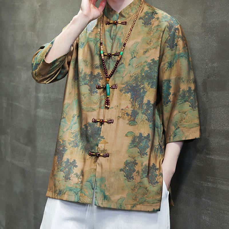 Buddha Stones Krajobraz Chiński Smok Wzór Chiński Trzy Czwarte Rękaw Koszula Męska T-shirt - image 1