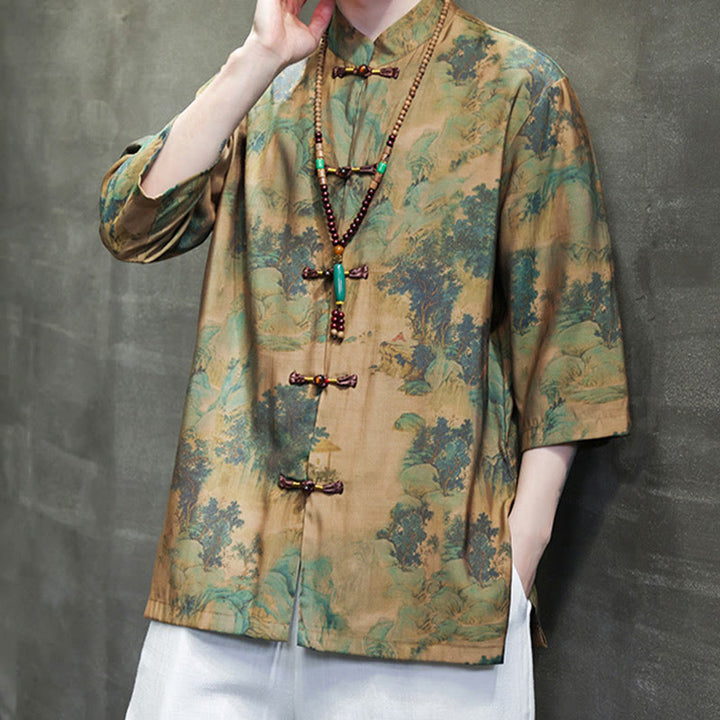 Buddha Stones Krajobraz Chiński Smok Wzór Chiński Trzy Czwarte Rękaw Koszula Męska T-shirt - image 1