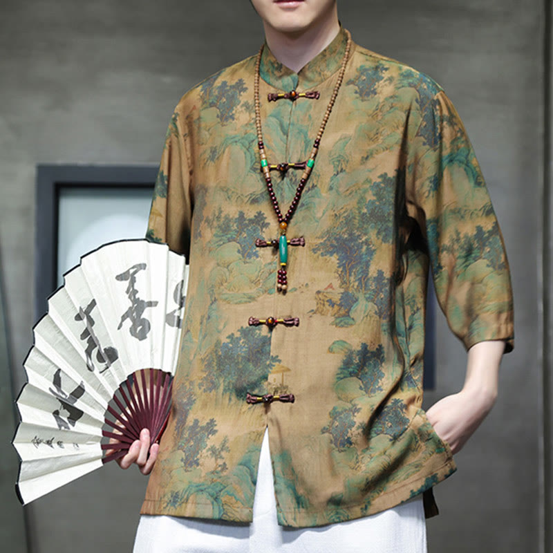 Buddha Stones Krajobraz Chiński Smok Wzór Chiński Trzy Czwarte Rękaw Koszula Męska T-shirt - image 3