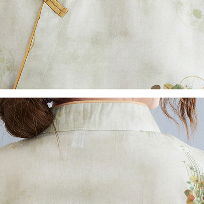 Buddha Stones Kwiaty Zielone Żółte Liście Nadruk Cheongsam Sukienka Midi Sukienka Z Rękawem Trzy Czwarte Z Kieszeniami - image 8