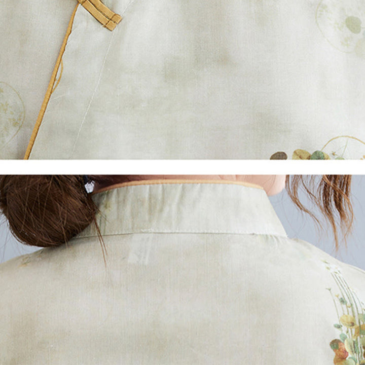 Buddha Stones Kwiaty Zielone Żółte Liście Nadruk Cheongsam Sukienka Midi Sukienka Z Rękawem Trzy Czwarte Z Kieszeniami - image 8