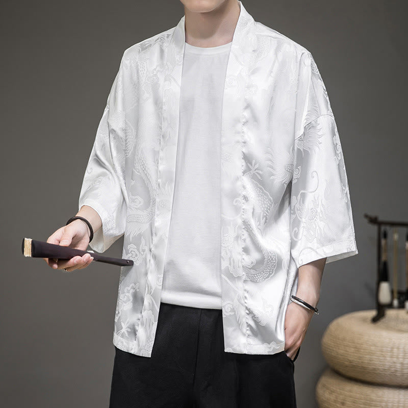 Buddha Stones Chiński Smok Kurtka Męska Kimono Otwarty Przód - Biały (tylko góra) - US/UK/AU46， EU56 (5XL)  - image 0