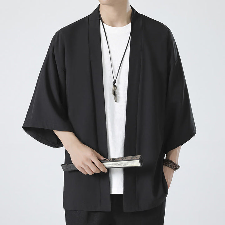 Buddha Stones Jednokolorowa Kurtka Męska Kimono Z Otwartym Przodem - Czarny (tylko kurtka) - US/UK/AU46， EU56 (5XL) - image 0