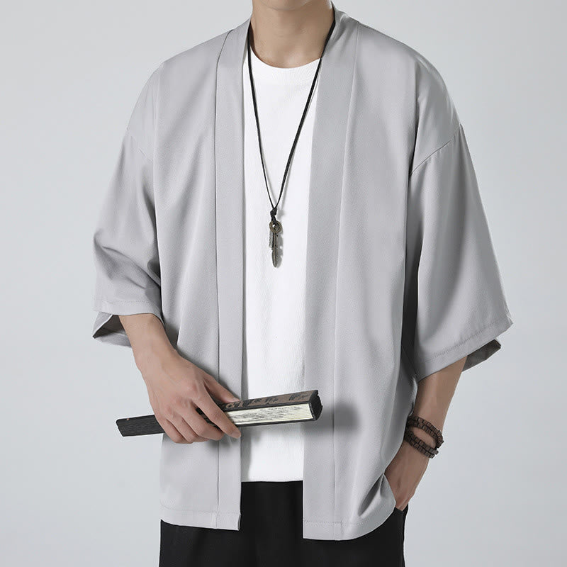 Buddha Stones Jednokolorowa Kurtka Męska Kimono Z Otwartym Przodem - Szary (tylko kurtka) - US/UK/AU46， EU56 (5XL) - image 13