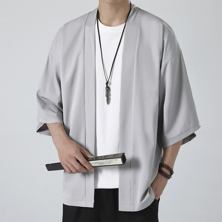 Buddha Stones Jednokolorowa Kurtka Męska Kimono Z Otwartym Przodem - Szary (tylko kurtka) - US/UK/AU46， EU56 (5XL) - image 13