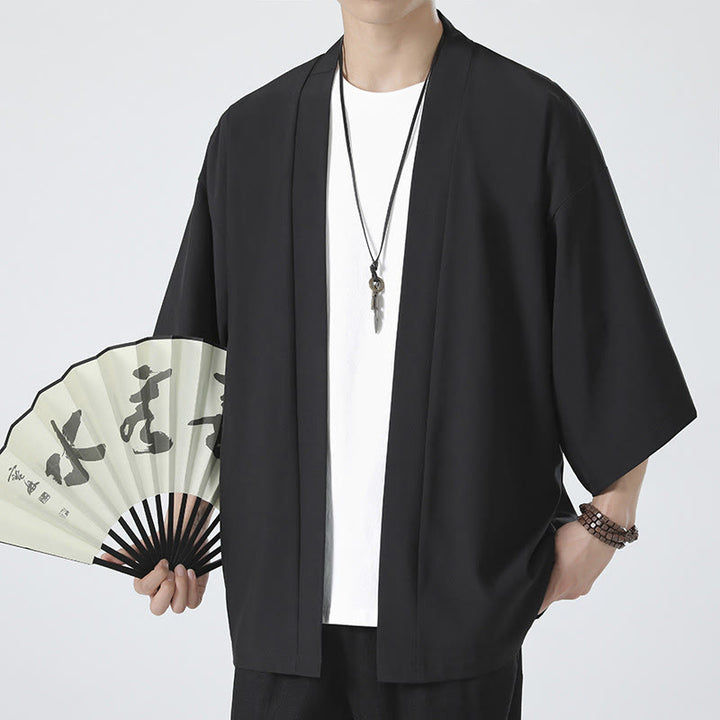 Buddha Stones Jednokolorowa Kurtka Męska Kimono Z Otwartym Przodem - image 3