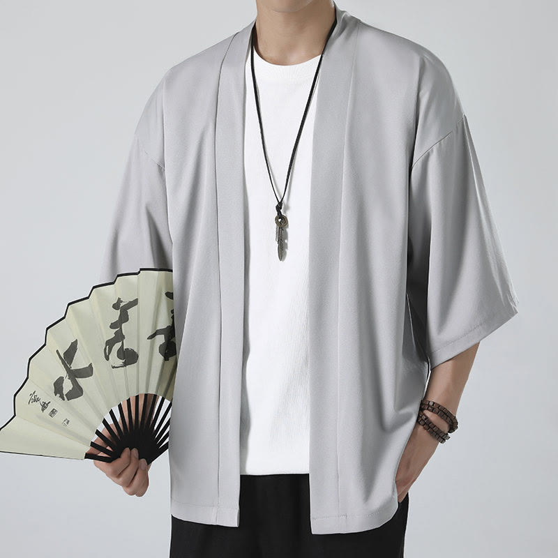 Buddha Stones Jednokolorowa Kurtka Męska Kimono Z Otwartym Przodem - image 14