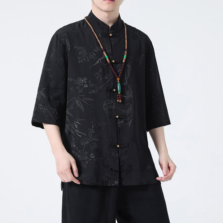 Buddha Stones Brzoskwiniowe Bambusowe Liście Żaba-guzik Chińska Koszulka z Krótkim Rękawem Męska Koszulka T-shirt