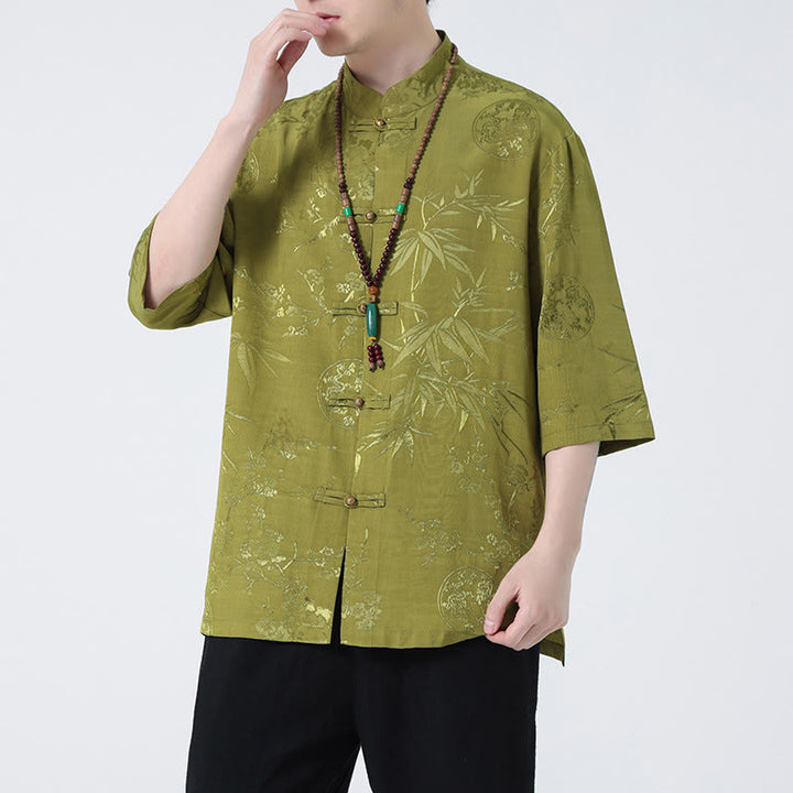 Buddha Stones Brzoskwiniowe Bambusowe Liście Żaba-guzik Chińska Koszulka z Krótkim Rękawem Męska Koszulka T-shirt