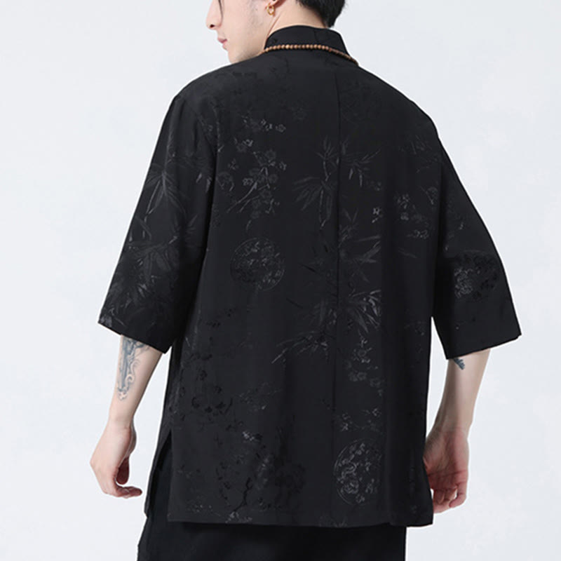 Buddha Stones Brzoskwiniowe Bambusowe Liście Żaba-guzik Chińska Koszulka z Krótkim Rękawem Męska Koszulka T-shirt