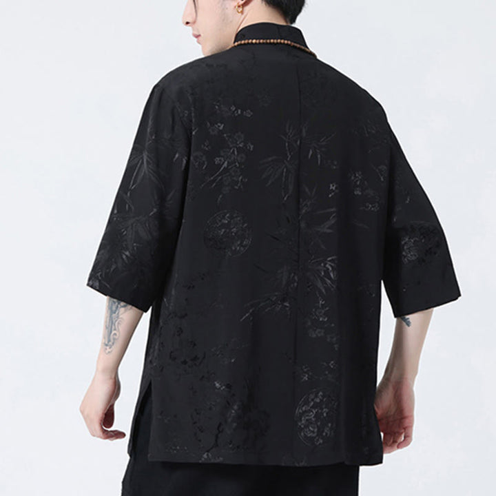 Buddha Stones Brzoskwiniowe Bambusowe Liście Żaba-guzik Chińska Koszulka z Krótkim Rękawem Męska Koszulka T-shirt