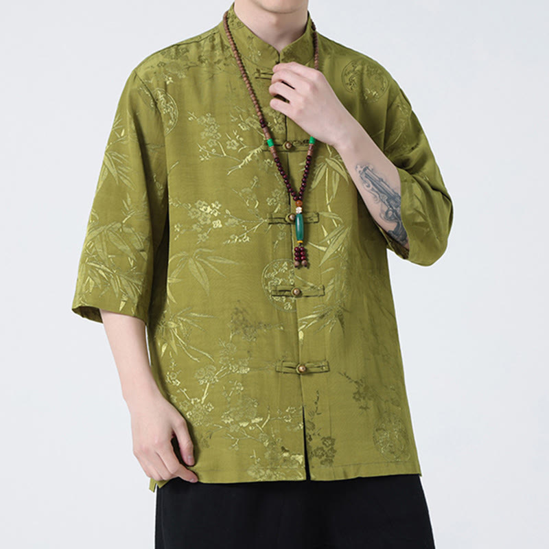 Buddha Stones Brzoskwiniowe Bambusowe Liście Żaba-guzik Chińska Koszulka z Krótkim Rękawem Męska Koszulka T-shirt