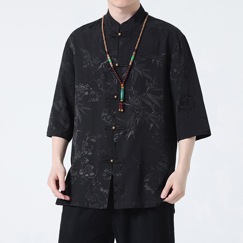 Buddha Stones Brzoskwiniowe Bambusowe Liście Żaba-guzik Chińska Koszulka z Krótkim Rękawem Męska Koszulka T-shirt