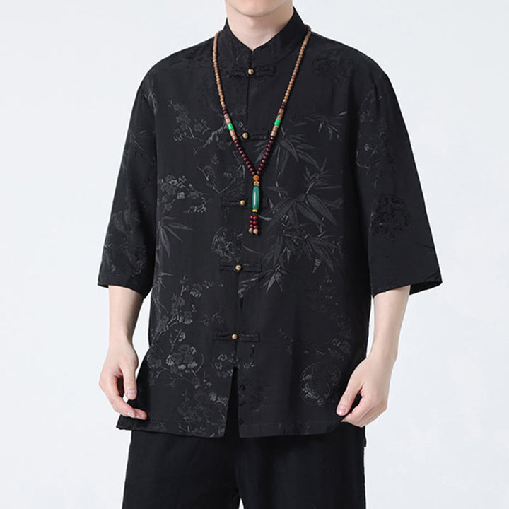 Buddha Stones Brzoskwiniowe Bambusowe Liście Żaba-guzik Chińska Koszulka z Krótkim Rękawem Męska Koszulka T-shirt