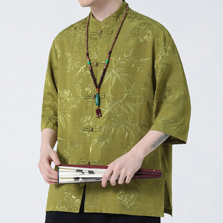 Buddha Stones Brzoskwiniowe Bambusowe Liście Żaba-guzik Chińska Koszulka z Krótkim Rękawem Męska Koszulka T-shirt