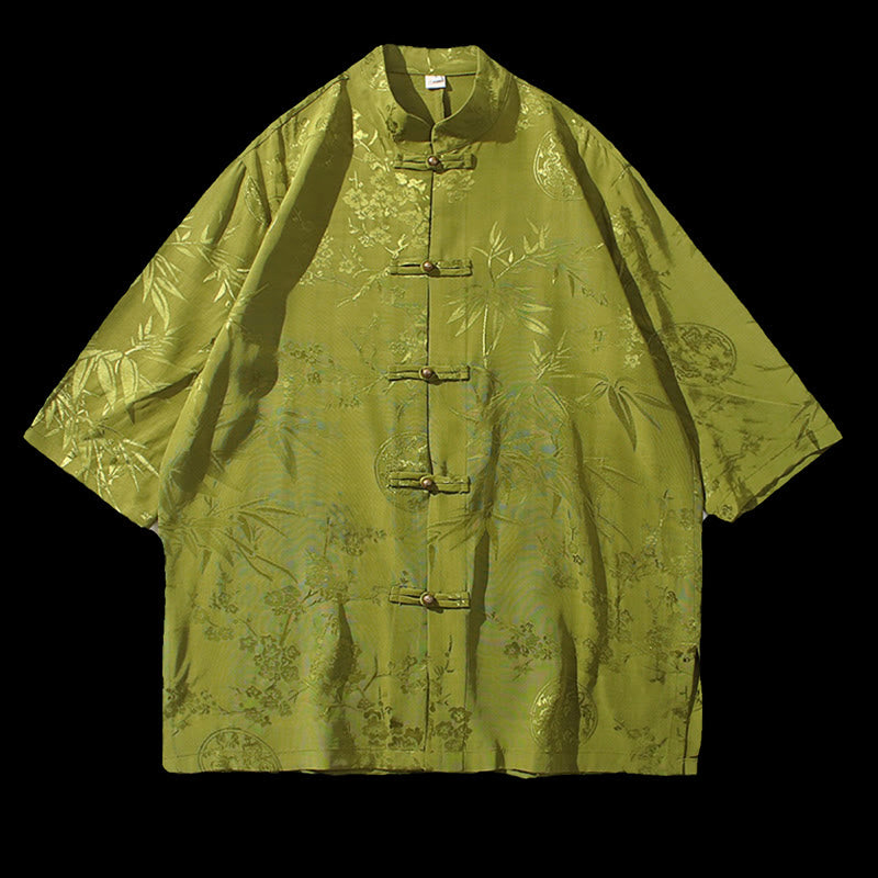 Buddha Stones Brzoskwiniowe Bambusowe Liście Żaba-guzik Chińska Koszulka z Krótkim Rękawem Męska Koszulka T-shirt