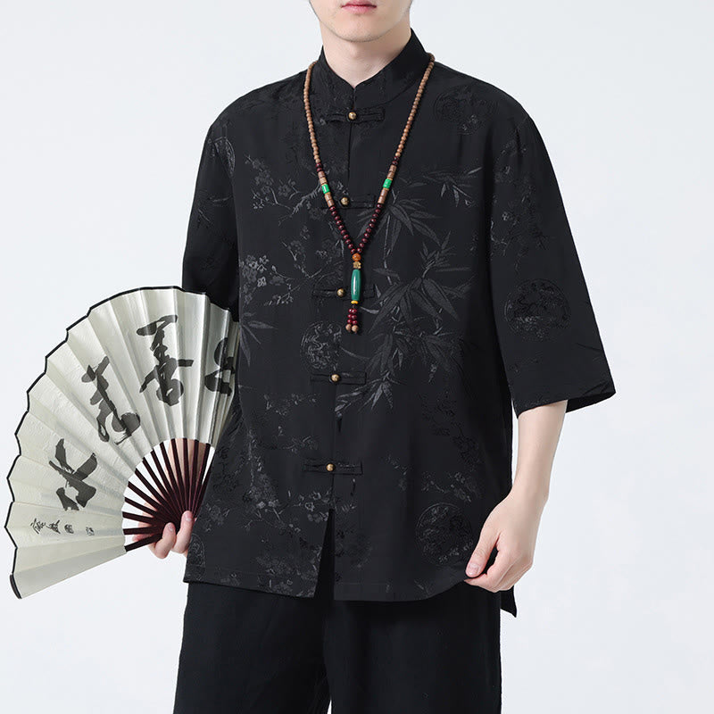 Buddha Stones Brzoskwiniowe Bambusowe Liście Żaba-guzik Chińska Koszulka z Krótkim Rękawem Męska Koszulka T-shirt