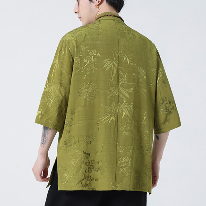 Buddha Stones Brzoskwiniowe Bambusowe Liście Żaba-guzik Chińska Koszulka z Krótkim Rękawem Męska Koszulka T-shirt