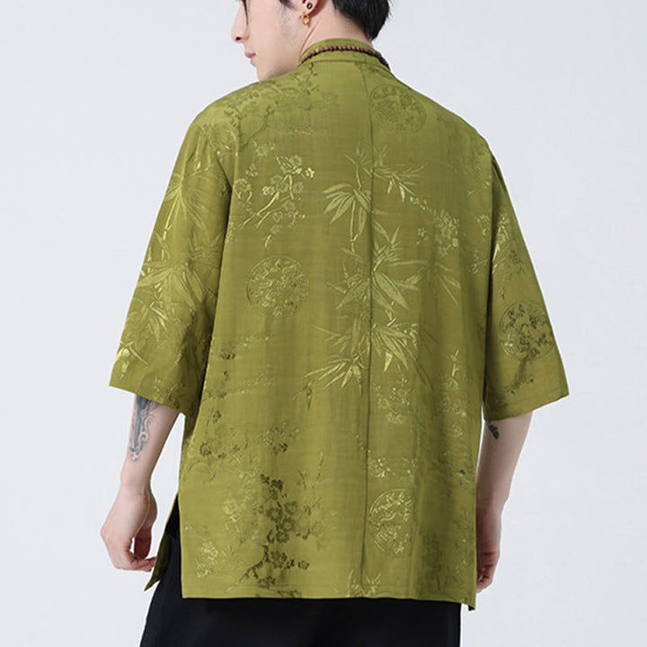 Buddha Stones Brzoskwiniowe Bambusowe Liście Żaba-guzik Chińska Koszulka z Krótkim Rękawem Męska Koszulka T-shirt