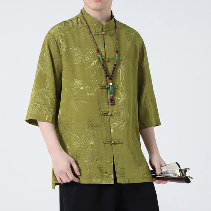 Buddha Stones Brzoskwiniowe Bambusowe Liście Żaba-guzik Chińska Koszulka z Krótkim Rękawem Męska Koszulka T-shirt