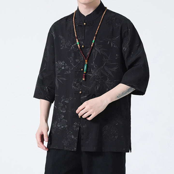 Buddha Stones Brzoskwiniowe Bambusowe Liście Żaba-guzik Chińska Koszulka z Krótkim Rękawem Męska Koszulka T-shirt