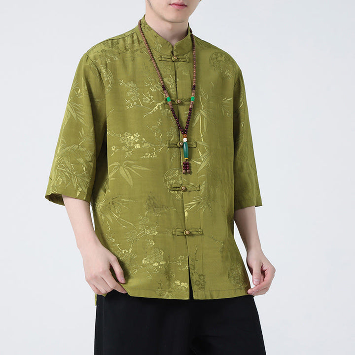 Buddha Stones Brzoskwiniowe Bambusowe Liście Żaba-guzik Chińska Koszulka z Krótkim Rękawem Męska Koszulka T-shirt