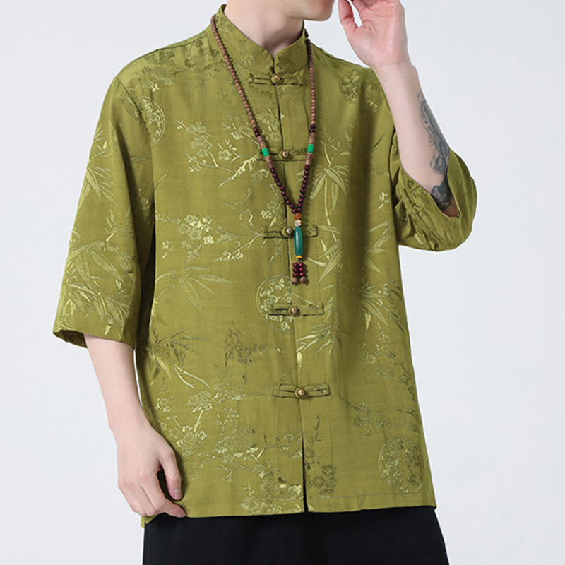 Buddha Stones Brzoskwiniowe Bambusowe Liście Żaba-guzik Chińska Koszulka z Krótkim Rękawem Męska Koszulka T-shirt