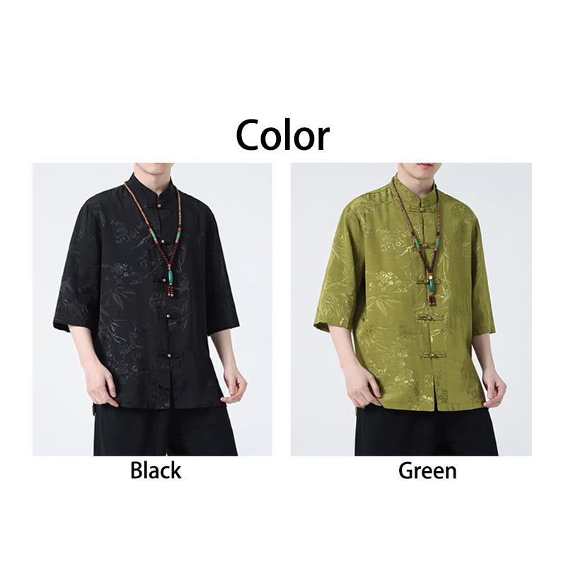 Buddha Stones Brzoskwiniowe Bambusowe Liście Żaba-guzik Chińska Koszulka z Krótkim Rękawem Męska Koszulka T-shirt