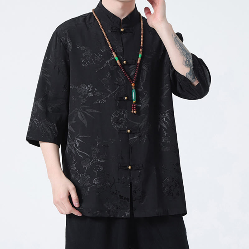 Buddha Stones Brzoskwiniowe Bambusowe Liście Żaba-guzik Chińska Koszulka z Krótkim Rękawem Męska Koszulka T-shirt