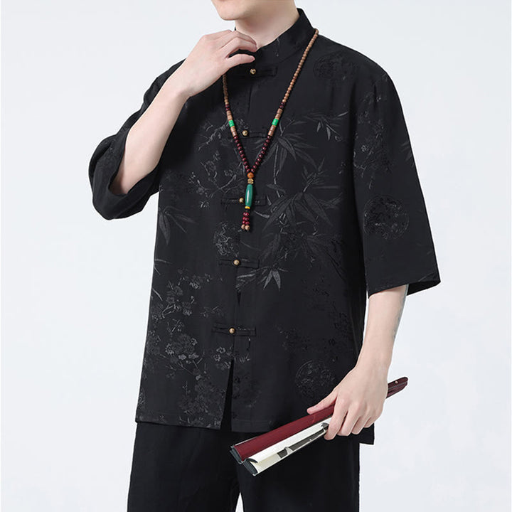 Buddha Stones Brzoskwiniowe Bambusowe Liście Żaba-guzik Chińska Koszulka z Krótkim Rękawem Męska Koszulka T-shirt