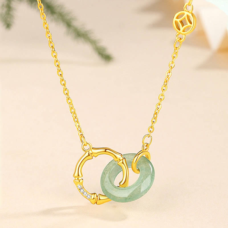 Buddha Stones 925 Srebro Sterlingowe Naturalny Zielony Awenturyn Klamra Pokoju Bambus Moneta Naszyjnik Wisiorek Dobrobytu - Zielony awenturyn - image 0